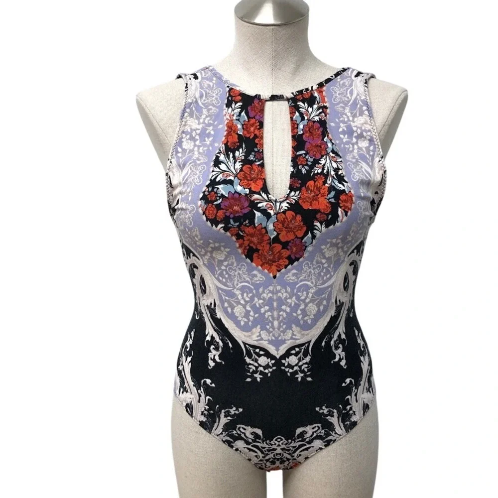 Free People Bodysuit Womens Large Multi Floral Keyhole Snap Crotch Thong
